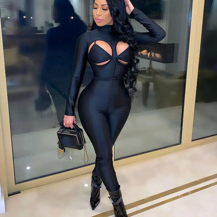 

FS3499A New women's pure color sexy hollow-out sports jumpsuits