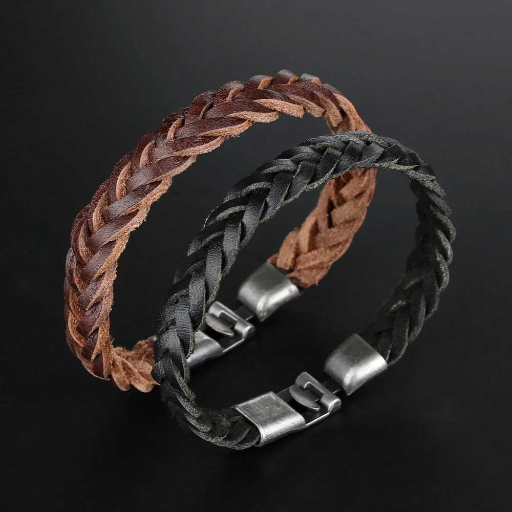 

Handmade Braiding Magnetic Clasp Leather Cuff Wristband Bracelet Black Brown Cowhide Leather Bracelet For Women Men