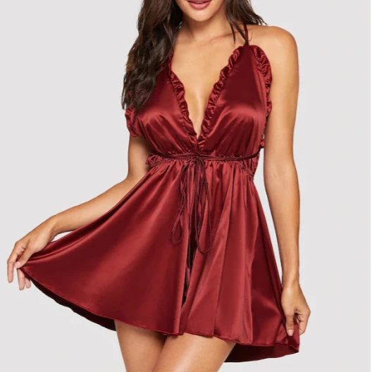 

2020 new European and American simulation silk lace loose mid-length pajamas home service womens sexy underwear lingerie