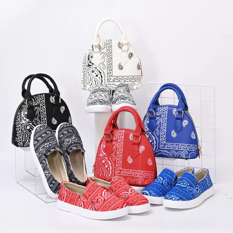 

Fashion Bandana Pattern Ladies Shell Hand Bags Matching Flat Shoes Women Handbags Set, Customizable