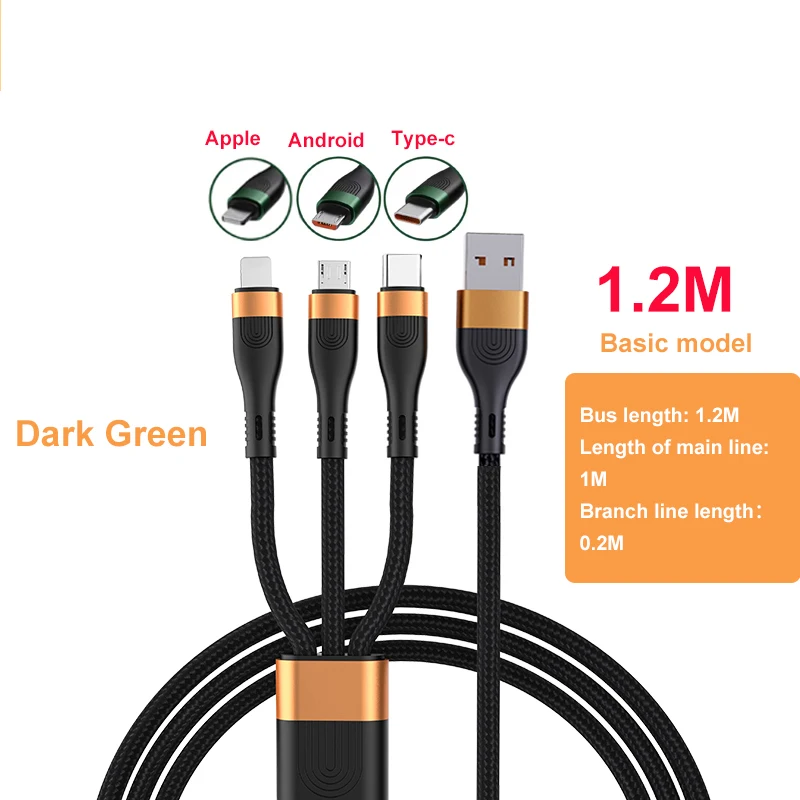 

Fashion 3 In 1 Nylon Braided 6a Micro Usb Type C OD4.0 charger cable 66W PD data cable for Apple/Android/Huawei, Dark green,black gold,orange red