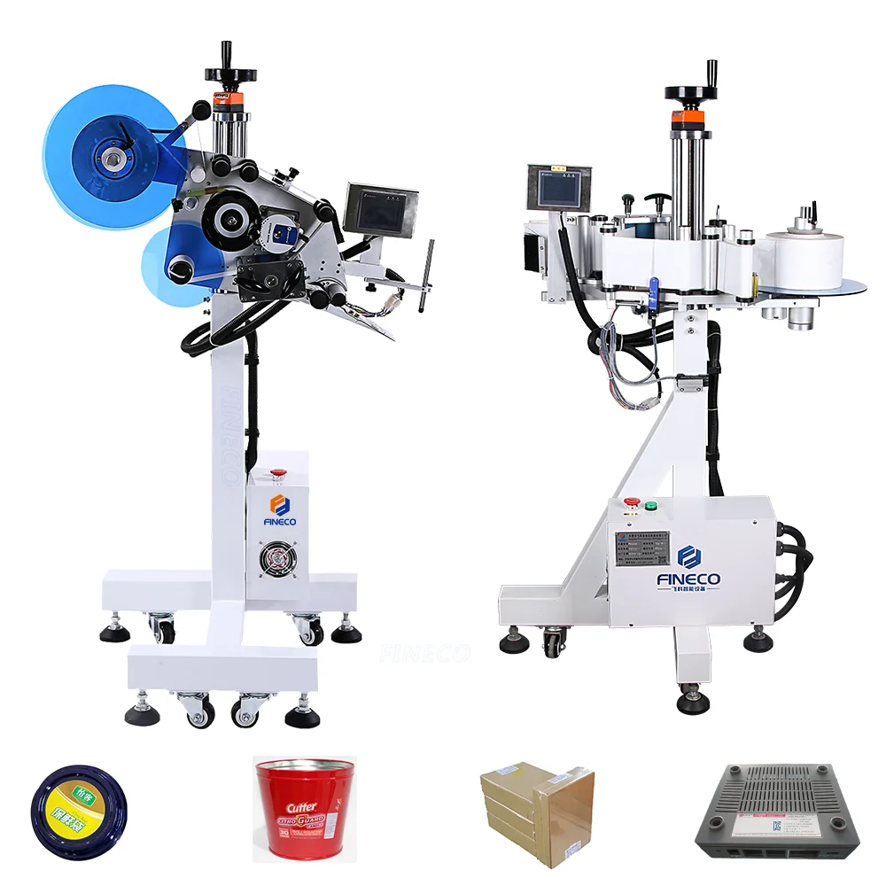

FINECO automatic bottle wood board production line labeller machine installed on assembly line labeling-machine head adjustanle
