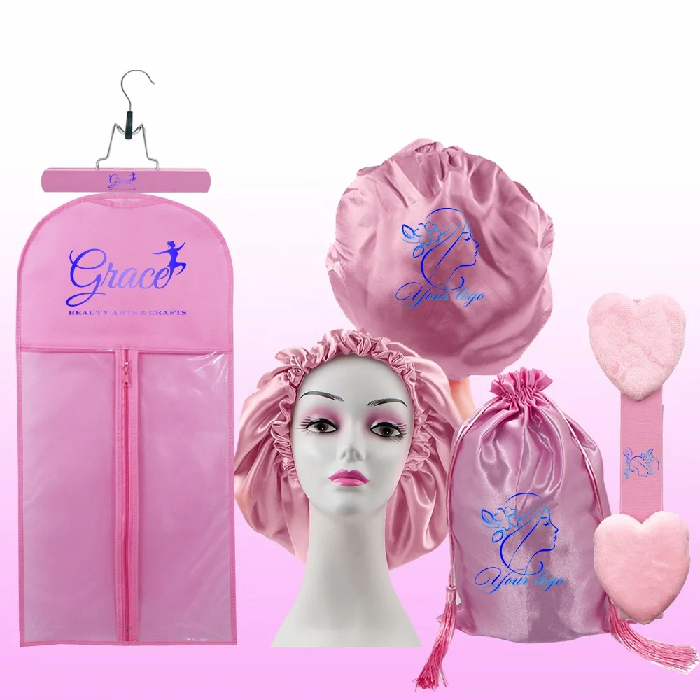 

New Print Logo Elastic Ear Muff Lace Melt Band Wig Storage Bag Tassel Satin Bag Hanger Double Layers Satin Bonnet