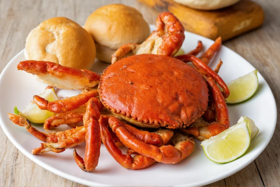 Traditional Singapore chili crab served on white platter with mantou buns and lime wedges