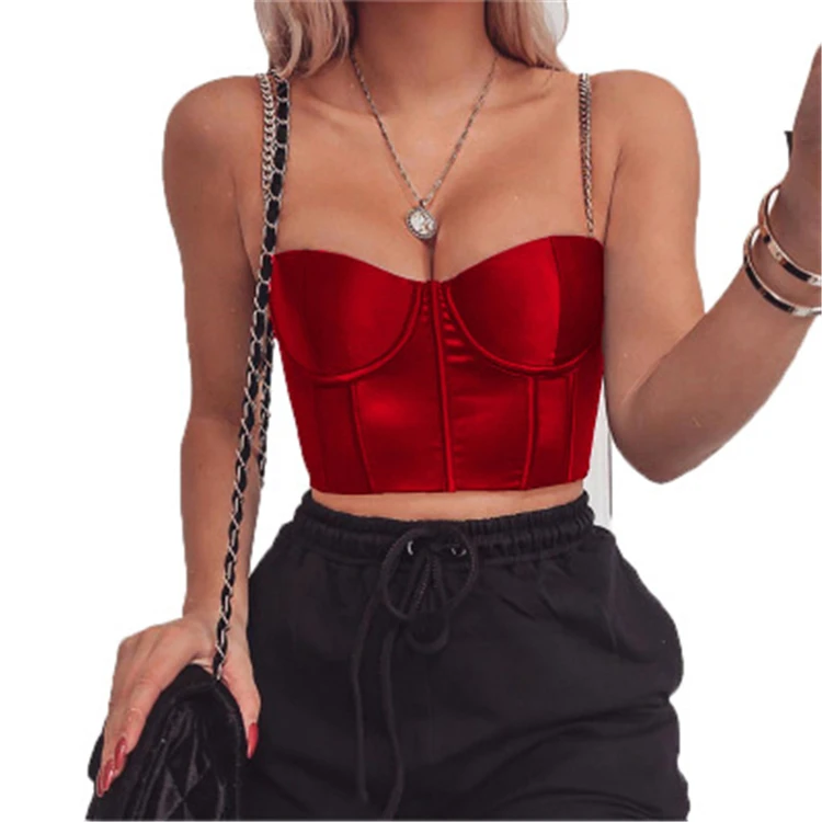 

chain spaghetti strap camisole women solid color vest crop tops sexy lady low-cut camisole with cup, Customized color