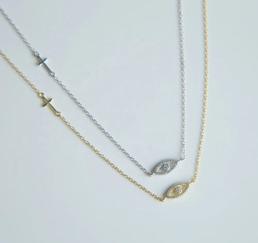 

2021 fashion wholesale 925 sterling silver mini cute cross evil eye silver chain necklace