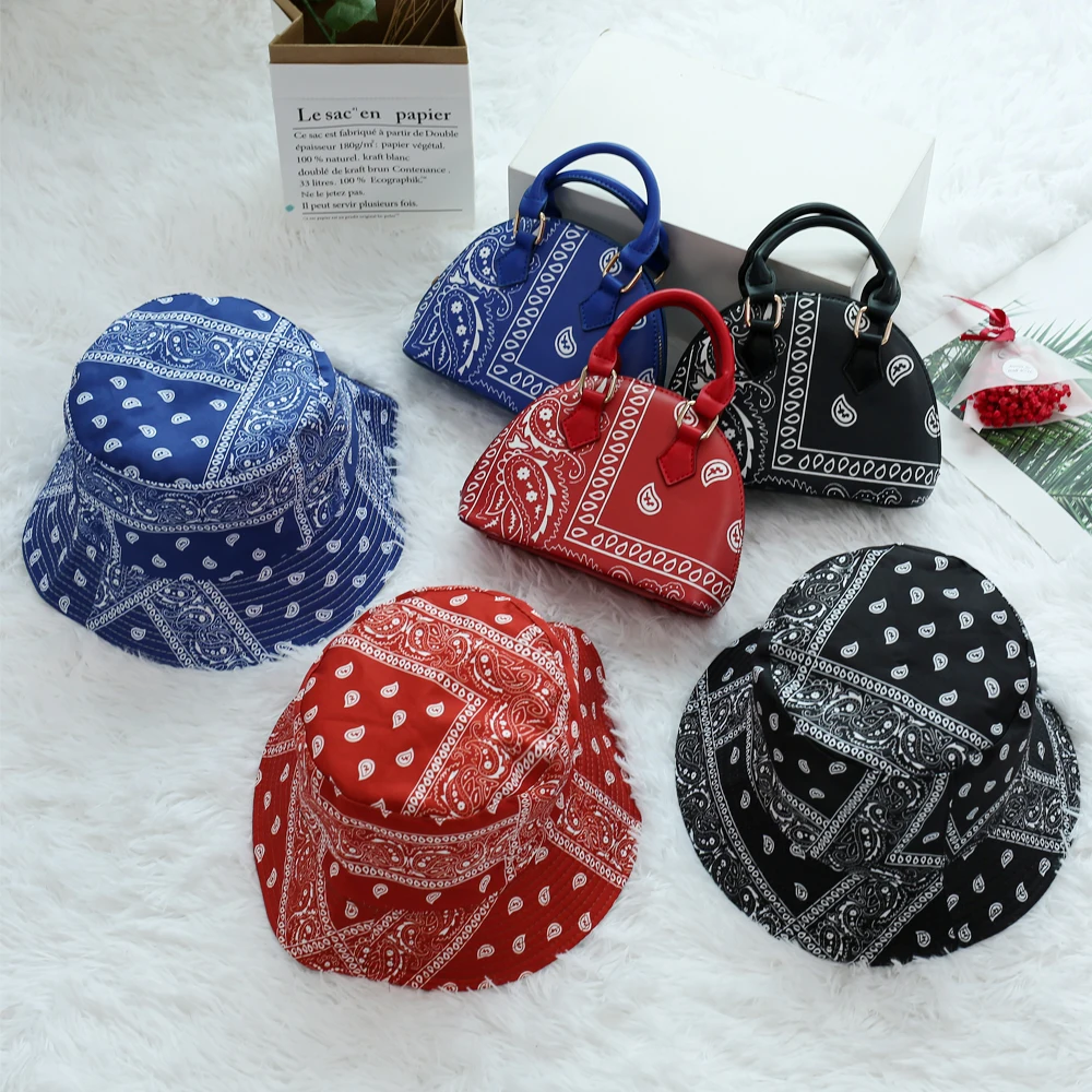 

2021 New Arrivals Bucket Hats and Bandana Purse Set Women Hand Bags Ladies Handbags Luxury Cashew Flower for Women Purses