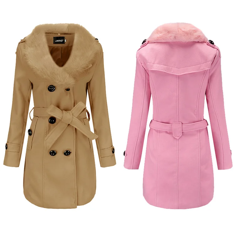 

New fashion fur collar long style women double-breasted winter coat with belt