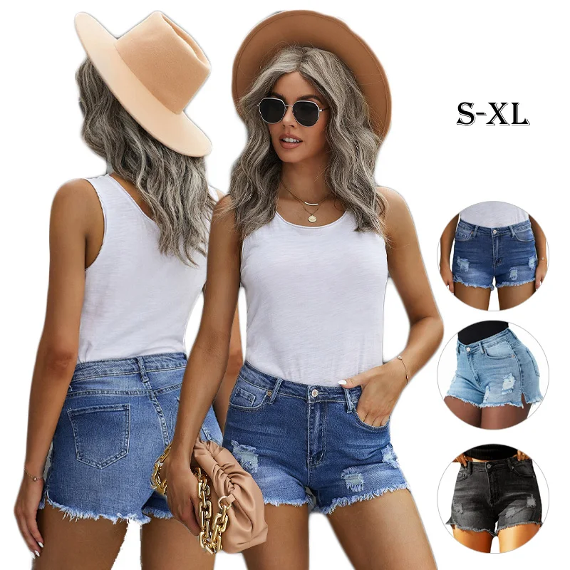 

2022 Summer Blue Ladies Higj Waist Distressed Ripped Denim Short Jeans For Women, As picture