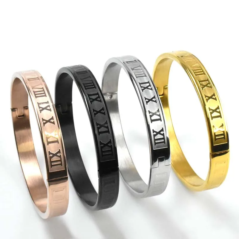 

High Quality Hot Selling Unique Design 18K Gold Plated Roman Numeral 316L Stainless Steel Bangle Bracelet For Men Women, Picture shows