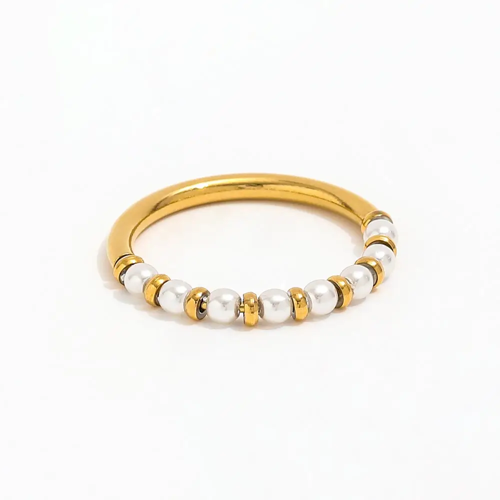 High End Trendy Stainless Steel Finger Ring 18K Gold Plated Freshwater Pearl Beads Stylish Spiner Ring for Gifts