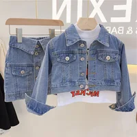 

2020 Spring Autumn girls 2 pcs set baby jacket + skirt dress kids suit children denim clothes button glitter letter patch 3 to 8