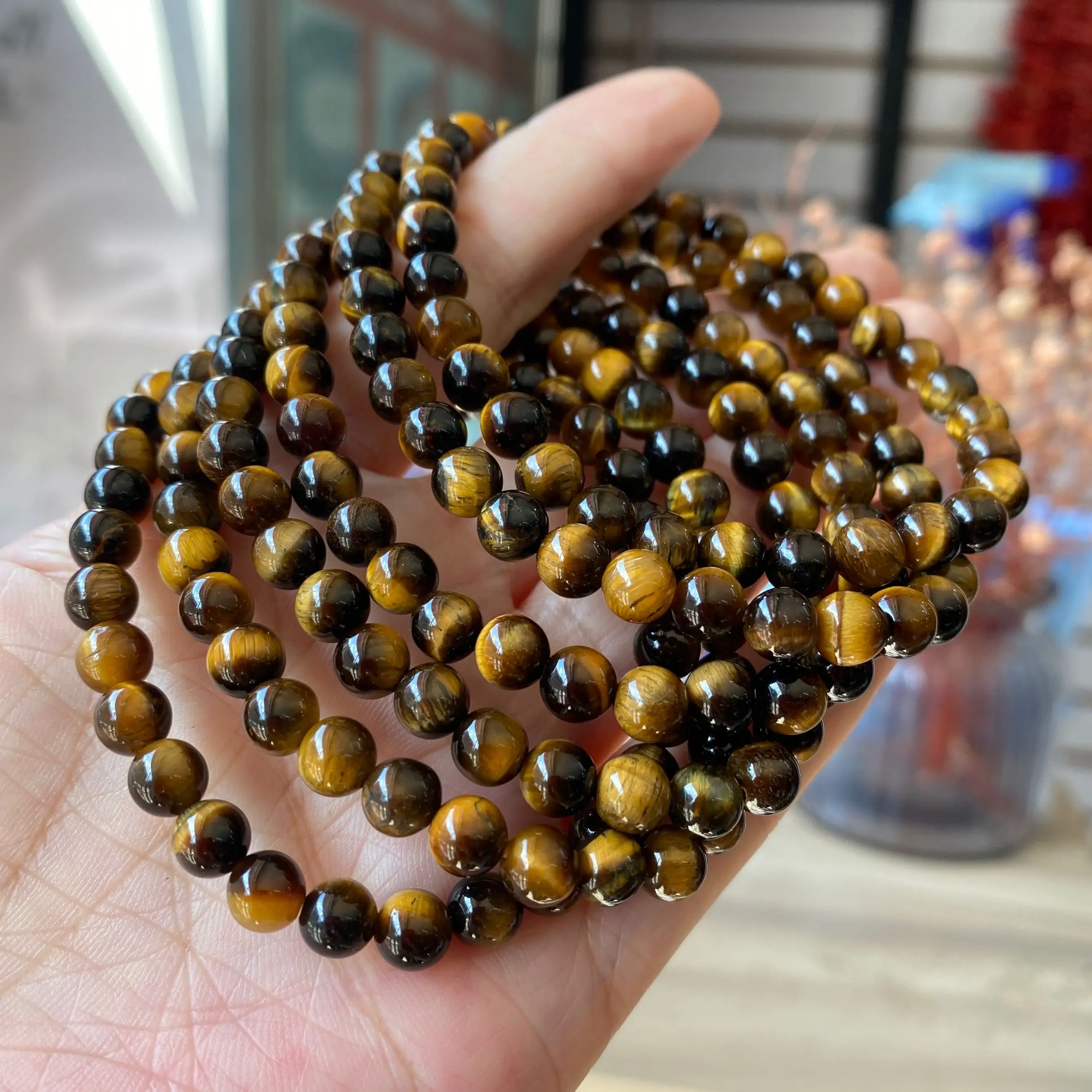 

Brown Yellow Tiger Eye Natural Stone Handmade Elastic Women Bracelet 6mm Round Beaded Bracelet