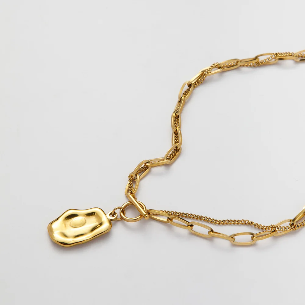 New 18k Pvd Gold Plated Jewelry Waterproof Stainless Steel Modern Double Chain OT Buckle Irregular Pendant Necklace YF3643