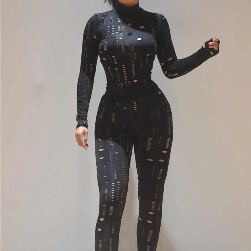 

Women Autumn Hollow Out Long Sleeve Turtleneck Top Stretchy Waist Female Joggers Pants Two Piece Set, Multiple colors