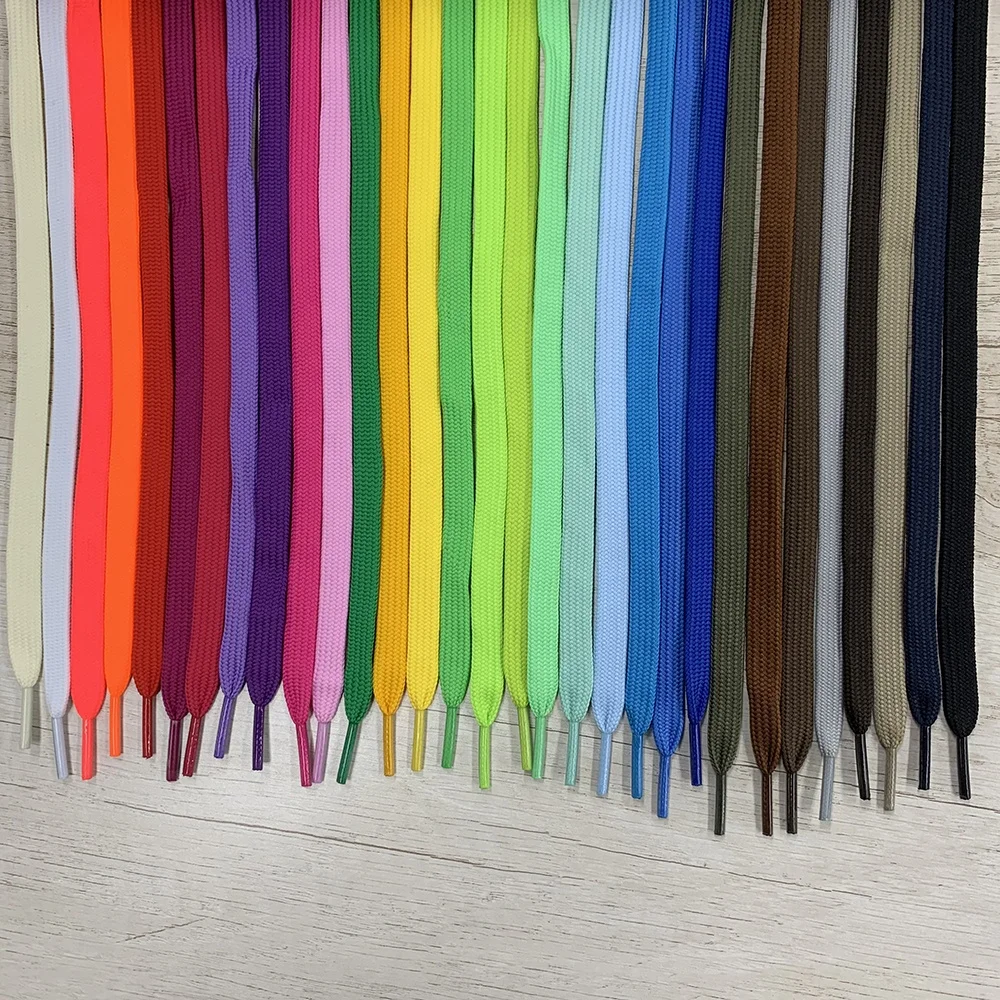 

Can Custom Cheap High Quality Flat Shoelace 1 cm Wide Various Length 100cm Flat Shoelaces For Sneakers For Canvas Shoes, As picture