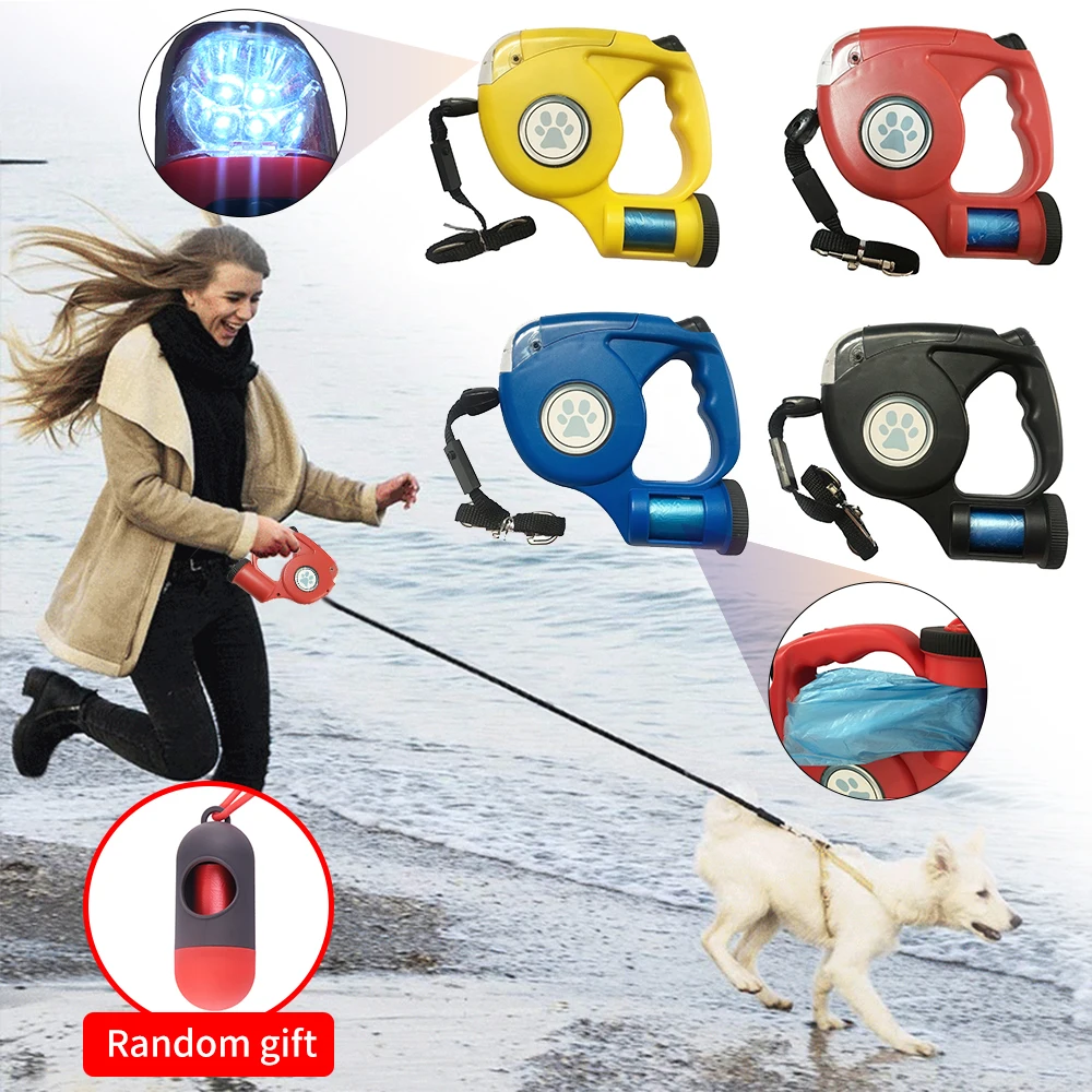 

Factory Price LED Light flashlight retractable pet dog leash with flashlight and bag for walking