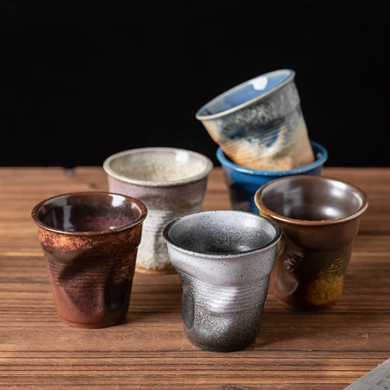 Custom Low Moq Japanese Personalized Unique Handmade Irregular Pleated Ceramic Coffee Tea Cup with Spoon