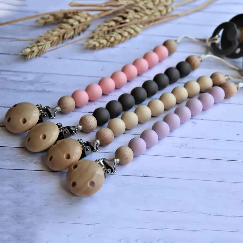 

Infant Pure Color Silicone Beads Teething Pacifier Clips Wooden Nipple Chain Holder