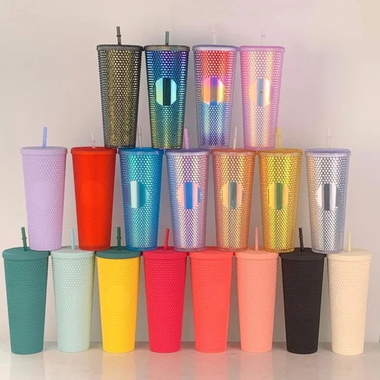 

Drink Milk Tea 710ml Luxury Double Wall Plastic Water Bottle Drinking Cup with Straw Durian Straw Cup Bright Diamond Cups, Customized color