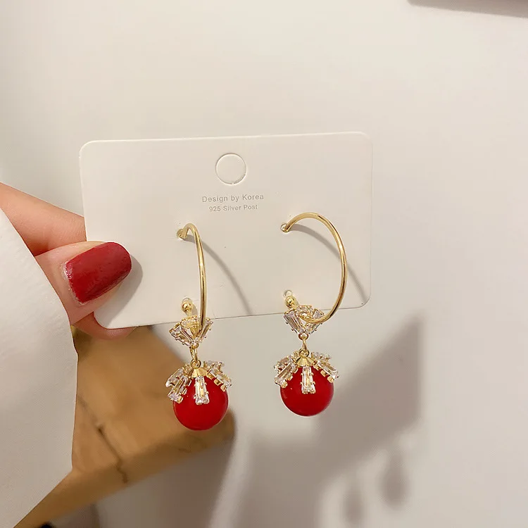 

new statement crystal flower red pearl bride earrings women