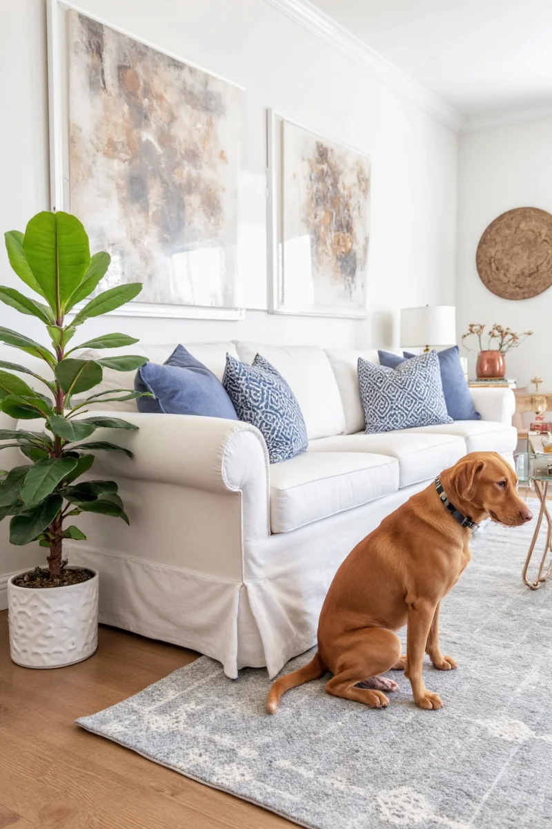 A well-designed dog zone featuring built-in feeding stations, a stylish crate, and custom flooring.