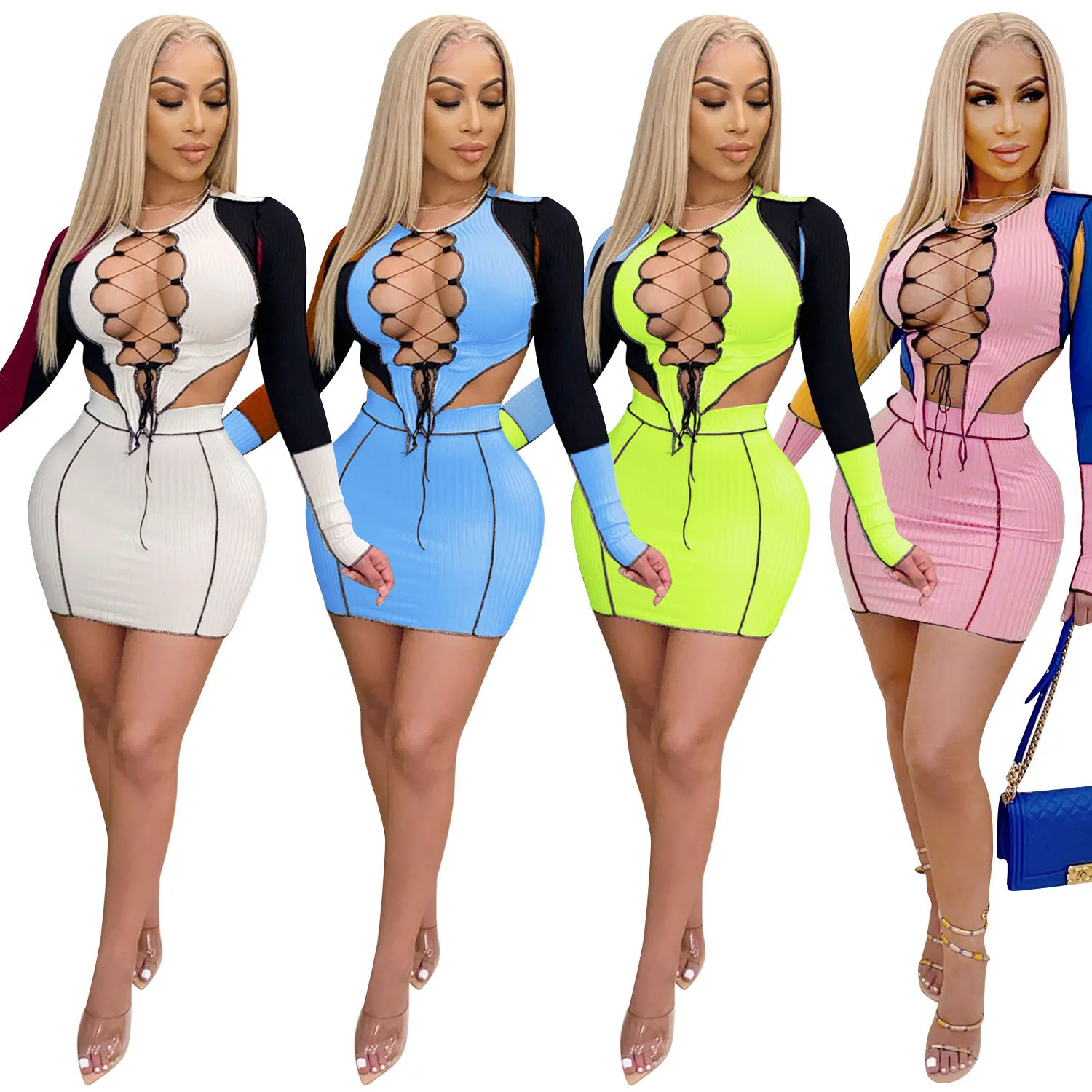 

Wholesale sexy lace up women 2 piece outfits tight knit thread two piece skirt set bodycon jumpsuit, As pic