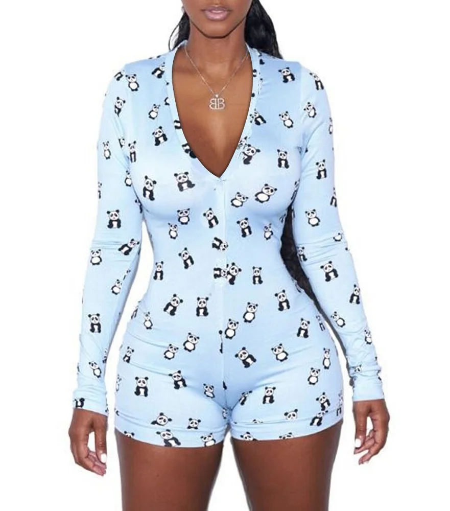 

TOB 2019 Summer Rompers Sexy Front Lace Up Bodycon Panda Printing jumpsuit