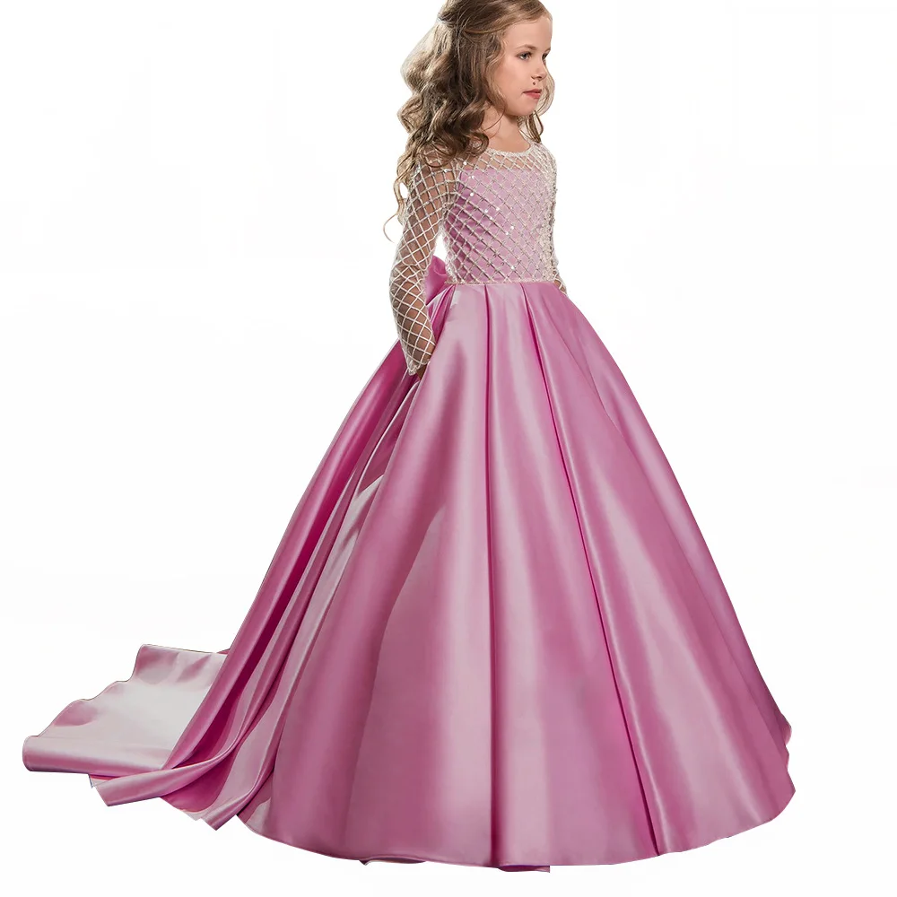 

Latest Design Pink Satin Long Sleeve Bow Back Pockets Girl Wedding Dress