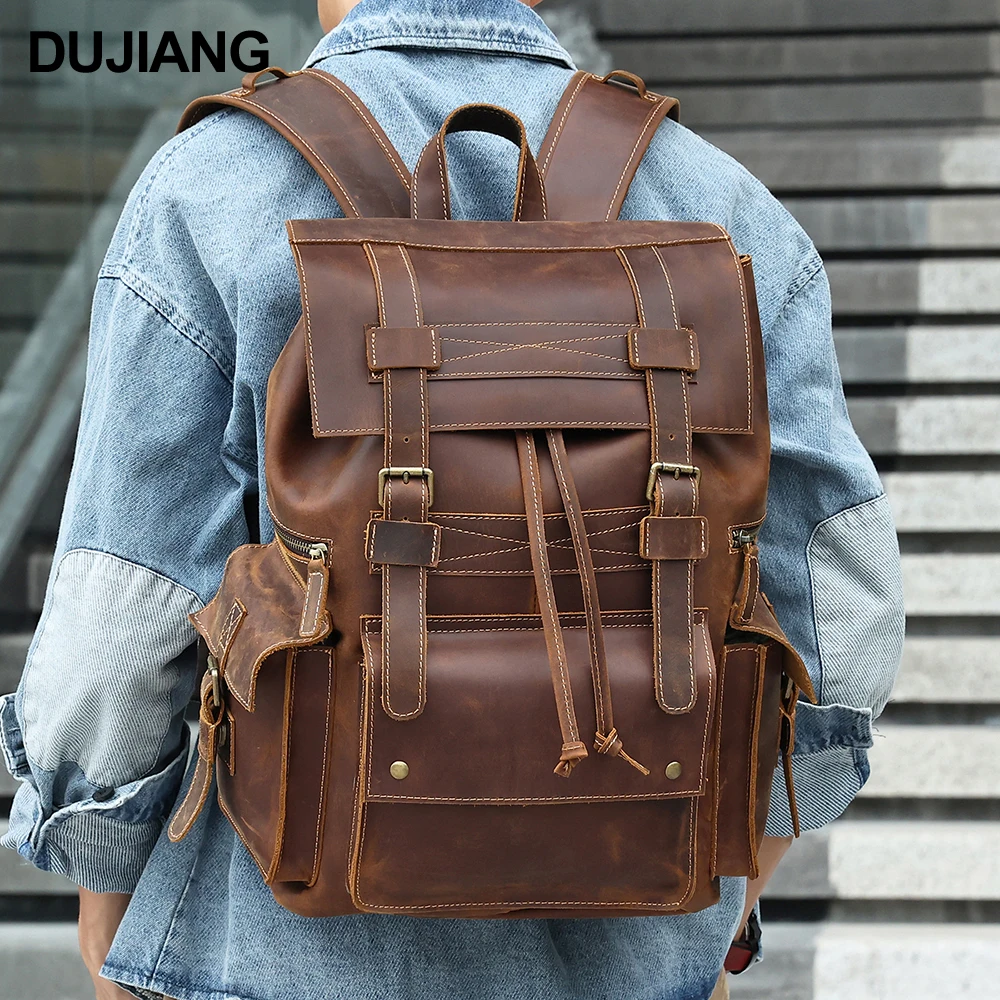 

Casual Sports Travel Computer Laptop Back Pack High Capacity Vintage Rucksack Genuine Crazy Horse Leather Backpack Men, Coffee
