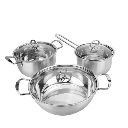 

High quality environmental protection material stainless steel kitchen pots and pans cookware set, Primary colors