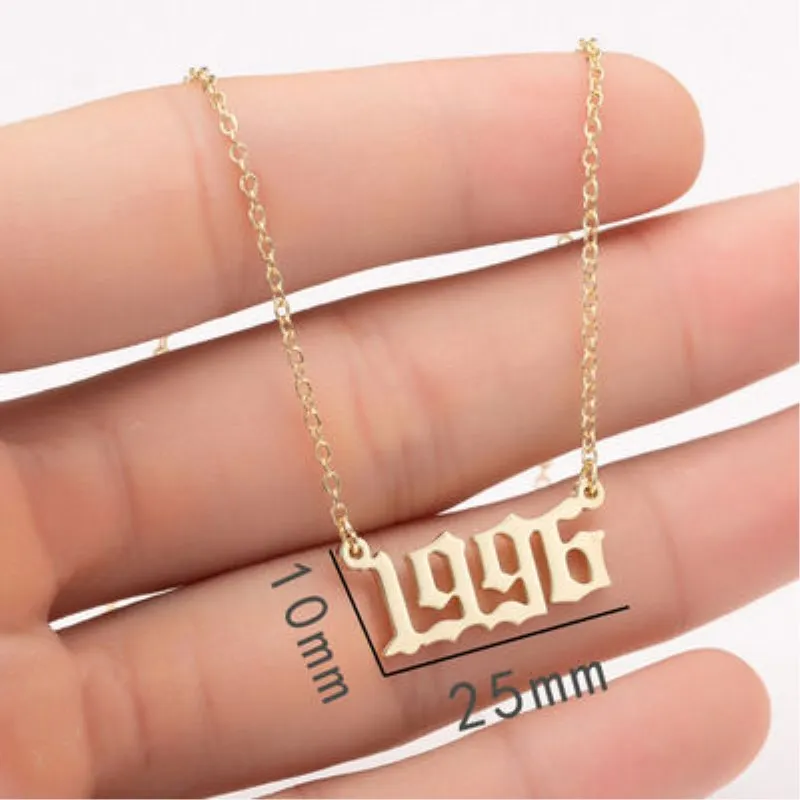 

Gold/silver Stainless Steel Birth Year number Necklace, Fashion Old English Arabic Years Number Pendant Necklace for women, As is or customized