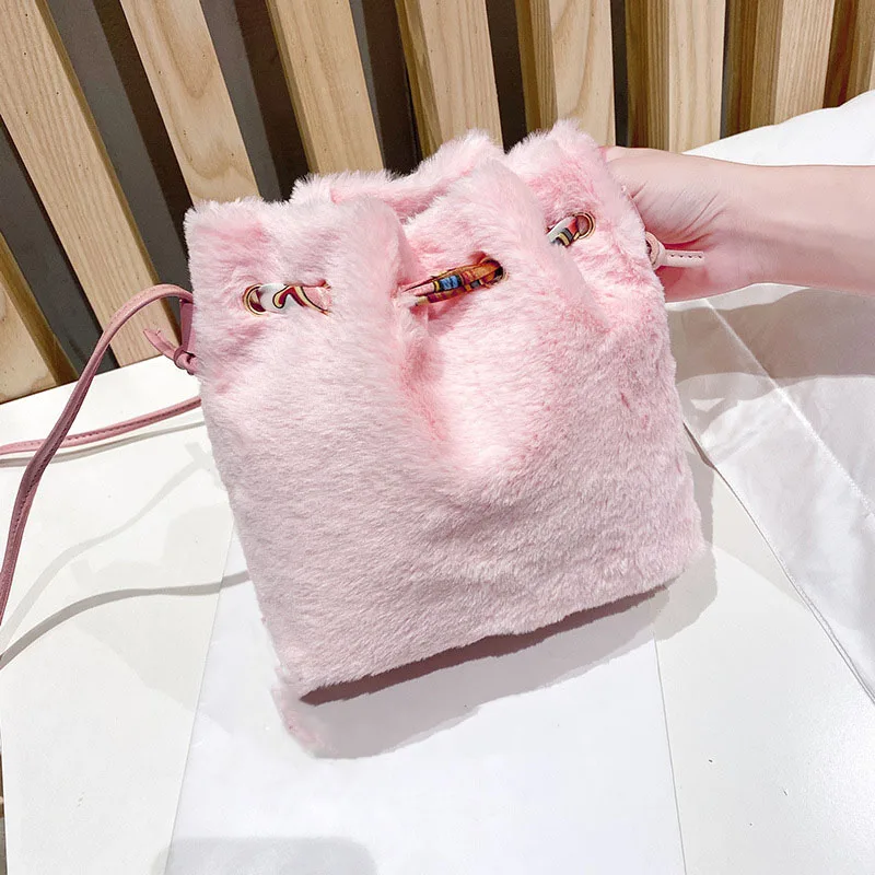 

Autumn And Winter Plush Silk Ribbon Drawstring Messenger Bag Lovely Pink Women Bucket Bag