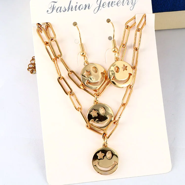 

S11077 Jewellery 18K Gold Plated Smiley Charm Paperclip Chain Necklace and Bracelet Earring Jewelry sets for Ladies