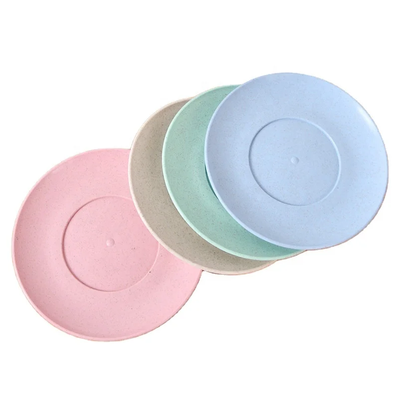 

Kitchen Microwave Round Dishes Dinner Unbreakable Set PP Wheat Straw Biodegradable Food Plastic Plates, Pink green beige and blue
