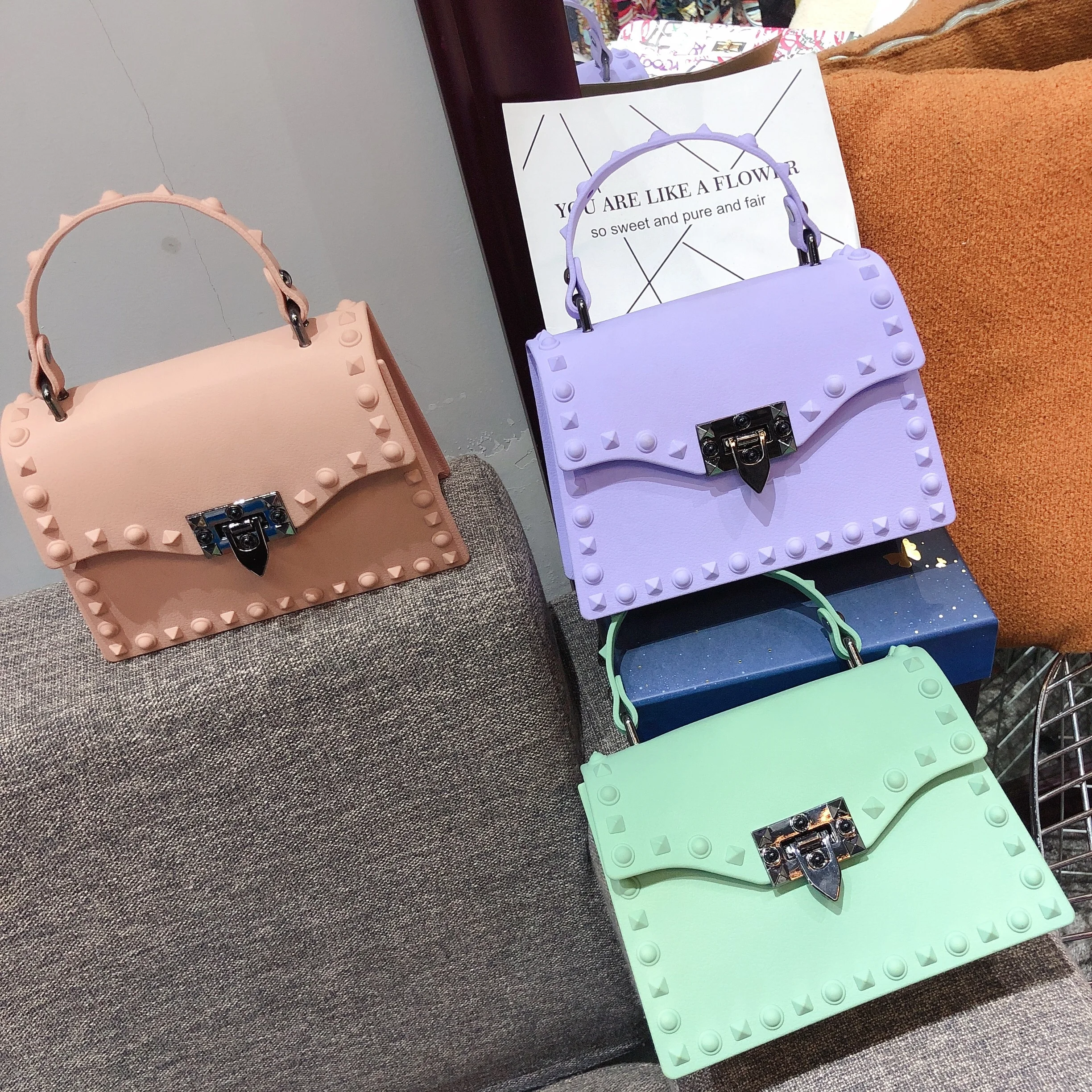 

Newest Fashion ladies pvc jelly rivet bag tote bag candy handbag Designer Famous Brands Women Luxury Handbags Purses