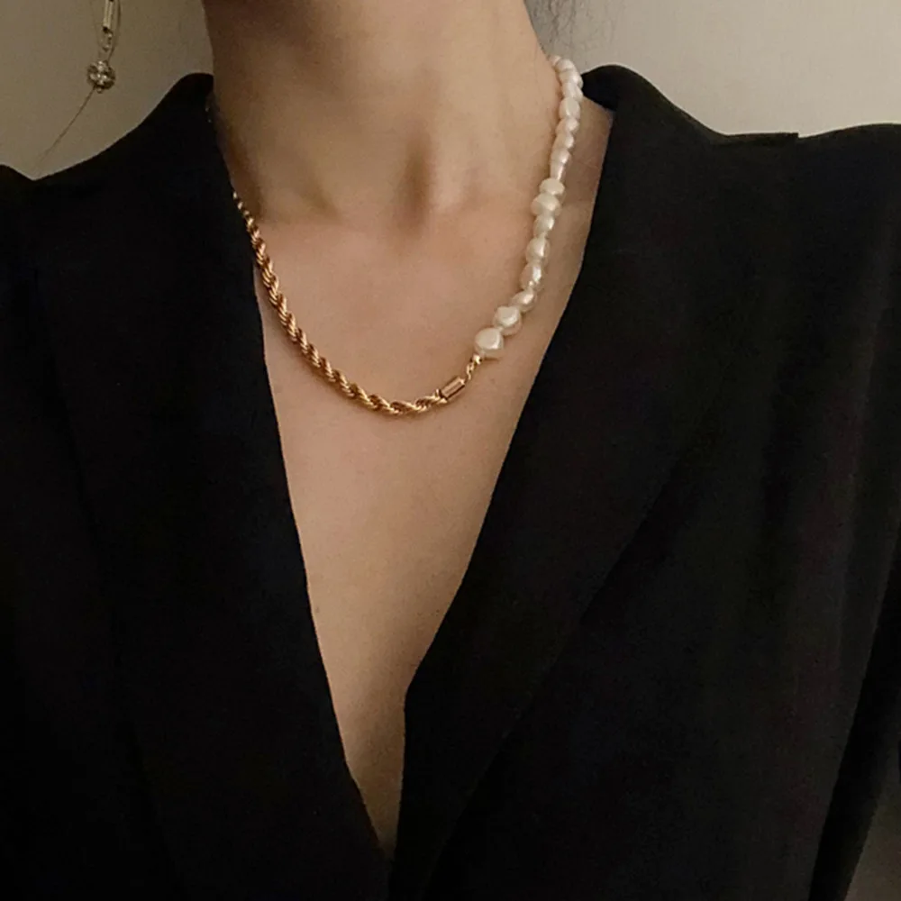 

Fashion new design gold plated asymmetric half natural pearl half rope chain twisted necklace