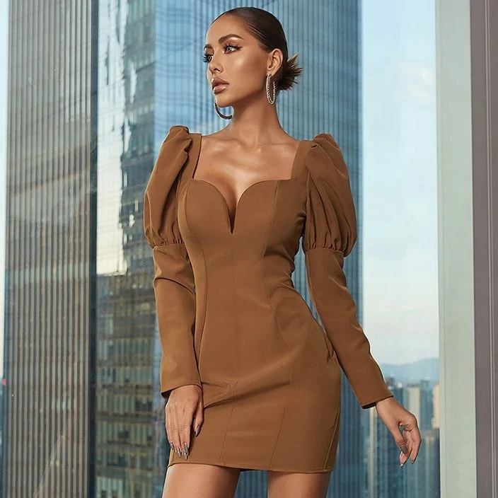 

Womens Luxury Clothing 2021 Party Puff Sleeve Tube Top Backless Elegant Mini Brown Sheath Cocktail Dress