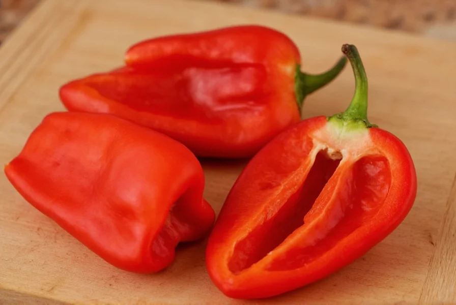 Close-up photograph of flat iron peppers showing distinctive triangular shape, thin walls, and vibrant red color against wooden cutting board