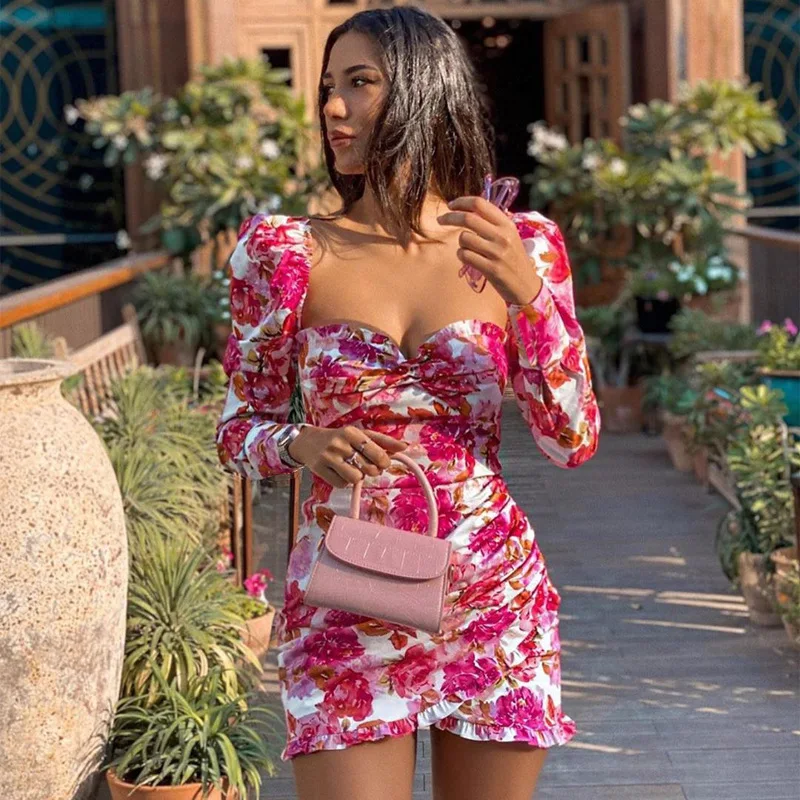 

2021 New arrives Fashion Design Fancy Bubble Sleeve Square Collar Women Casual Summer Floral Dresses