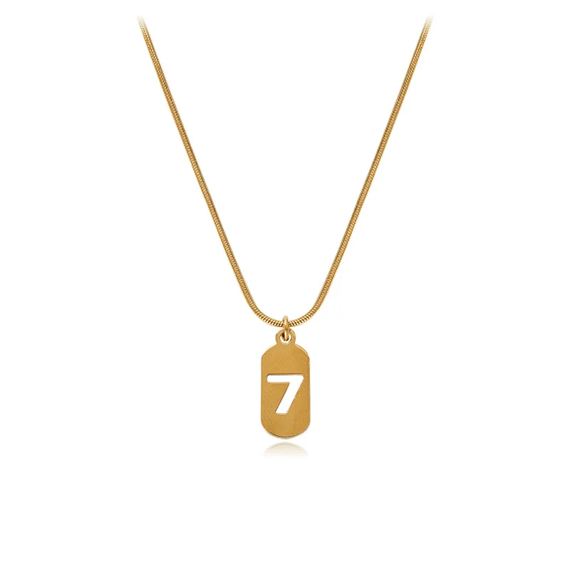 

Fashion short choker stainless steel round lucky number 7 pendant necklace, Gold