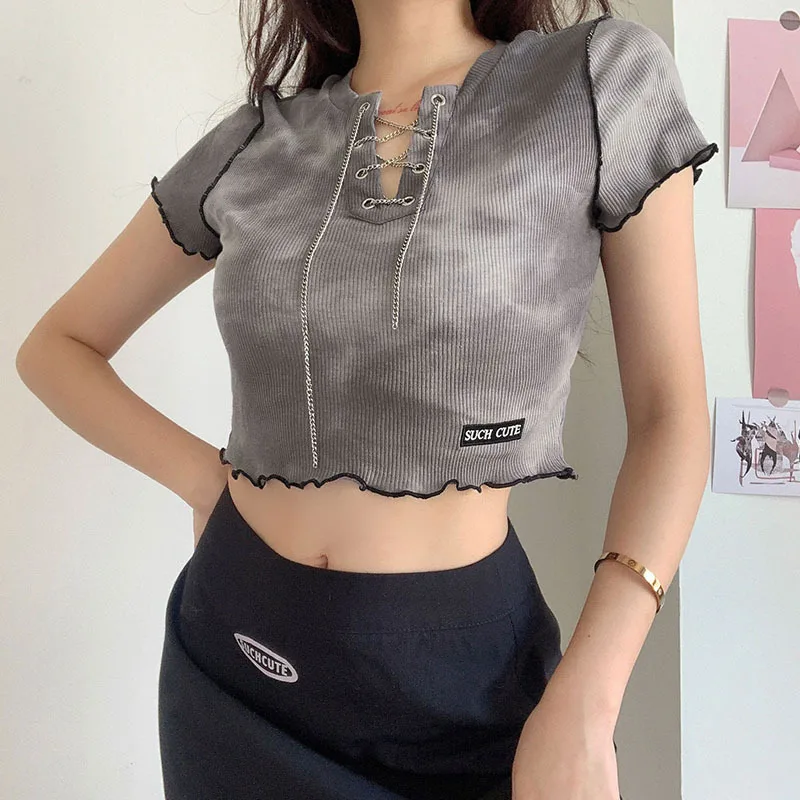 

2021 New Design Women's Sexy Tie Dye V Neck Chain Hollow Out Short Sleeve Crop Tops