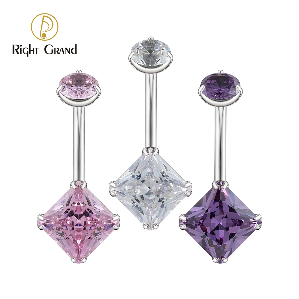 

Right Grand ASTM F136 Titanium 14G Belly Button Ring Custom Color Square Cubic Zirconia Navel Barbell Piercing Body Jewelry