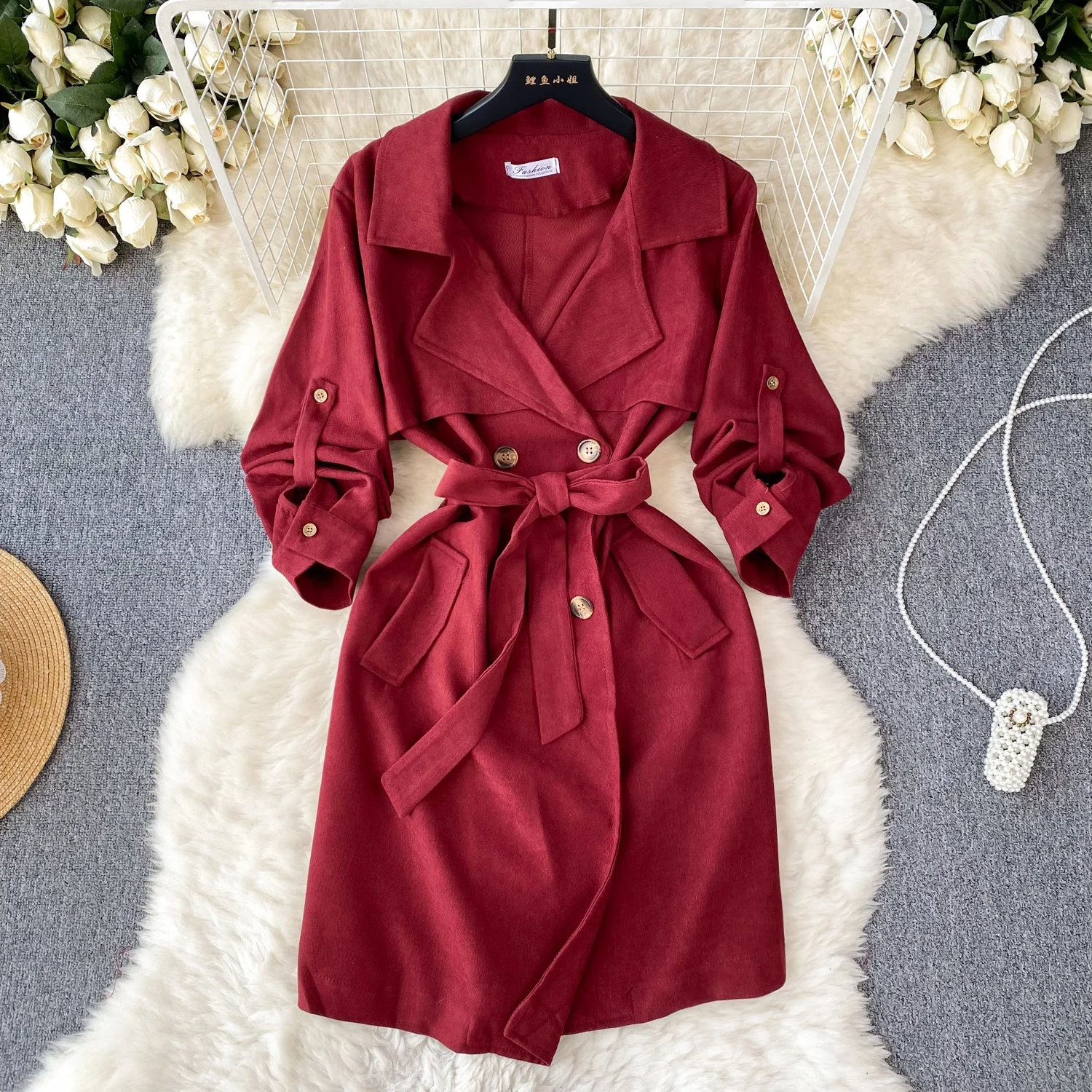 

Korean Version Of Women's Autumn 2023 New Small Windbreaker Female Coat Slim Mid-Length Solid oClor Long-Sleeved Dress