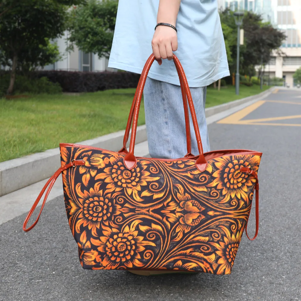 

Factory Direct Wholesale Tooled Leather Canvas Handbag Women Sunflower Shoulder Bag Lady Western Totes Purse For Girl, Tooled leather, stripe sunflower, aztec,serape, rainbow
