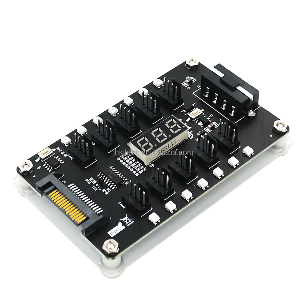 

10 Ports 4Pin DC 12V PWM Fan Hub Controller with 3528 colorful flash LED and temperature sensor display, Black