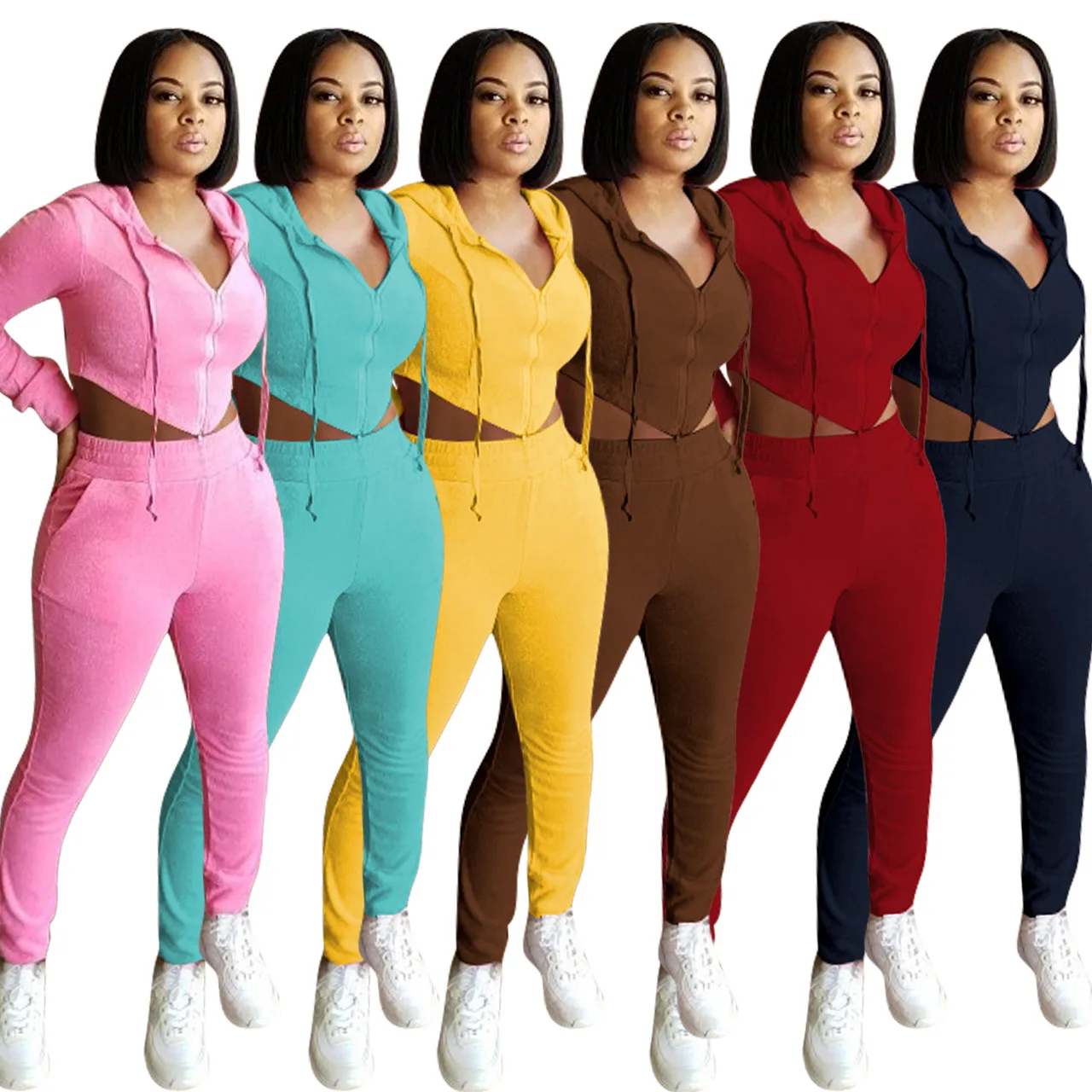 

Women winter sweatshirt hoodie sets solid color casual tracksuit fashion jogger pants set front zipper hood string sets