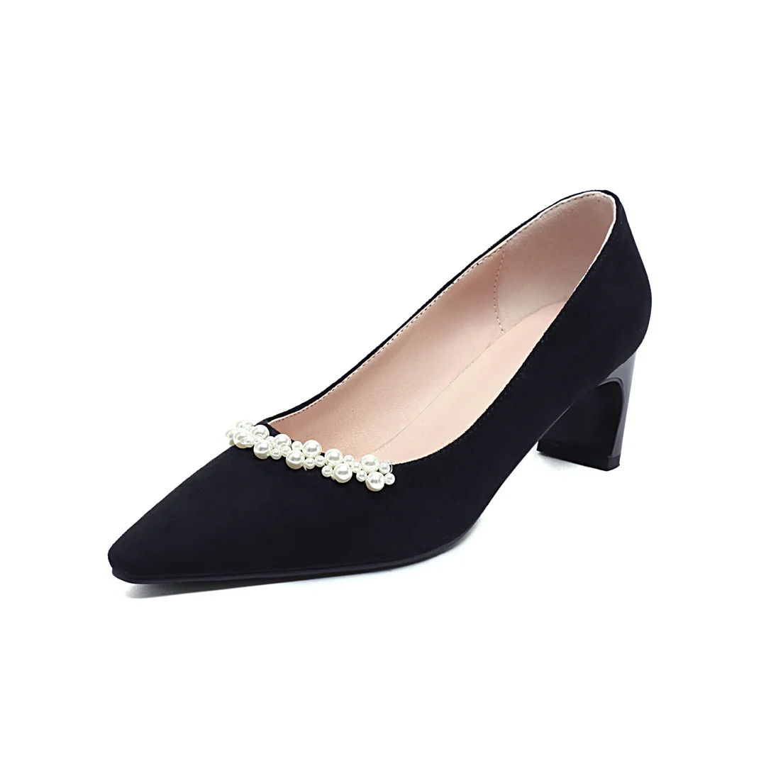 

Latest Fashion Pointed Head Suede Leather Ladies Thin High Heels, Black/ecru
