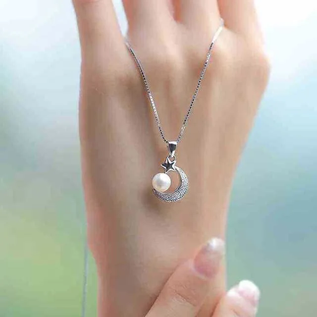 

2019 Pearl Necklaces for Women Jewelry Simple Moon Star Pendants Silver Color Choker Necklace Ethnic Girlfriend Gift