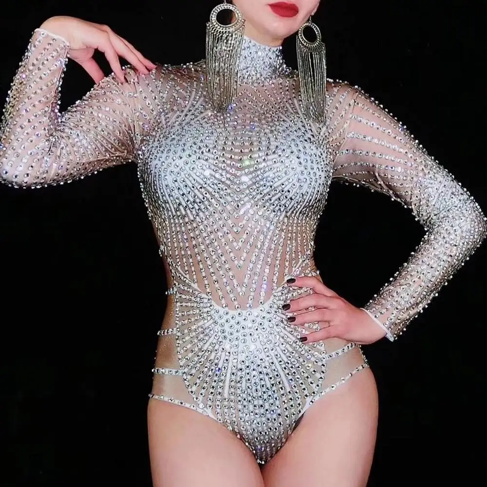 

Sparkly Full Rhinestones Long Sleeve Bodysuit Nightclub Singer Dancer Stage Performance Dance Costume Party Birthday Outfit
